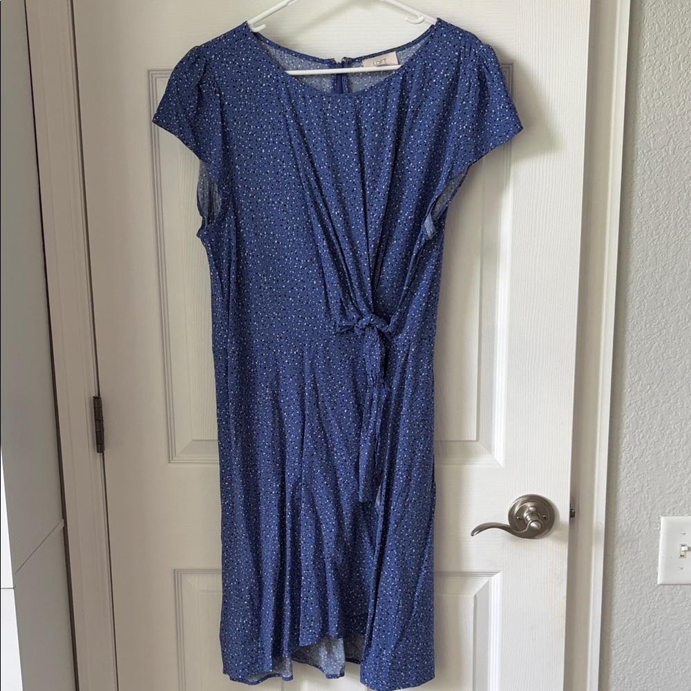LOFT Blue Specked  Midi Dress with Side Knot